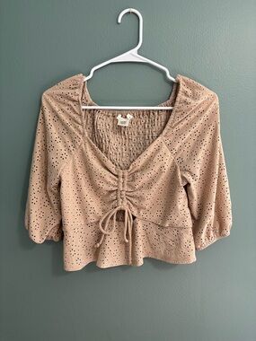 URBAN Romantics Taupe Eyelet Ruched Tie-Front Blouse